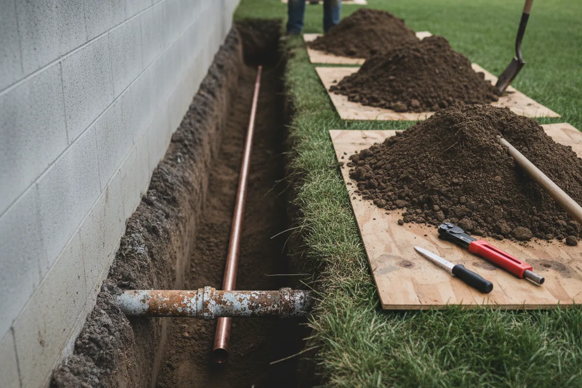 Excavated water line trench during Sewer Line Repair in Gilboa